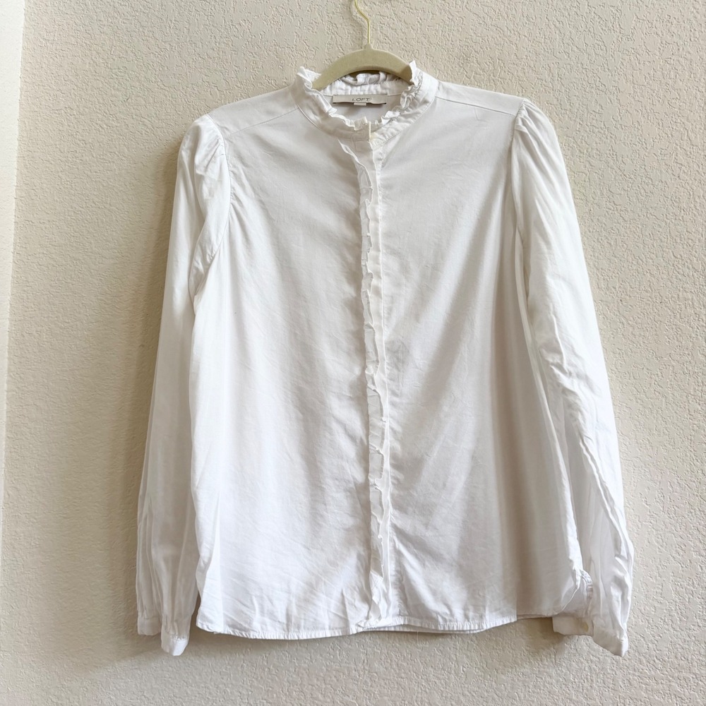 LOFT White Ruffle Mock Neck Button Up Blouse Medium Cotton Modal Long Sleeve